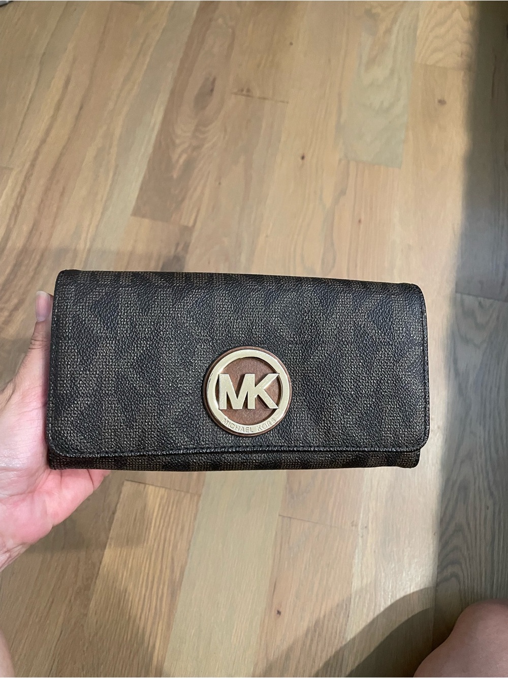 Michael Kors Dark Brown MK Logo Continental Wallet with Gold Accent